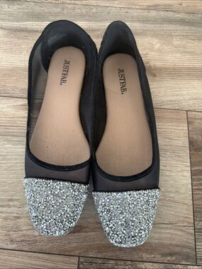 JustFab Black Mesh Flats with Silver Crystal Toe Cap